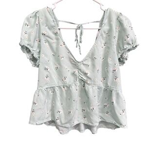 Hollister California Floral Peplum Top Mint Green Back Tie Short Sleeve Womens L